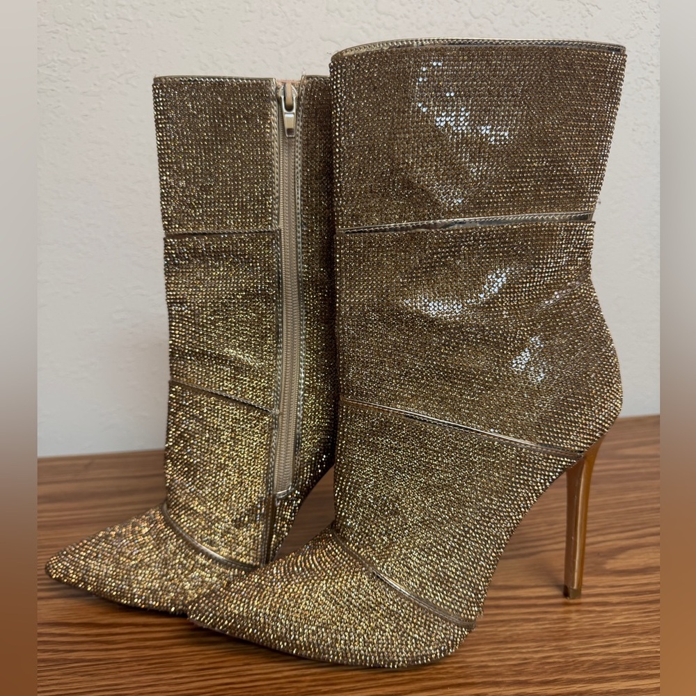 ✨🔥 Azalea Wang Gold Rhinestone Stiletto Ankle Boots – Statement Glam 🔥✨